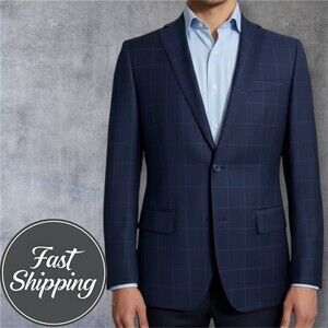 MANTONI Men’s Blazer Sport Coat Windowpane 2-Button Jacket 40R Navy Blue Wool